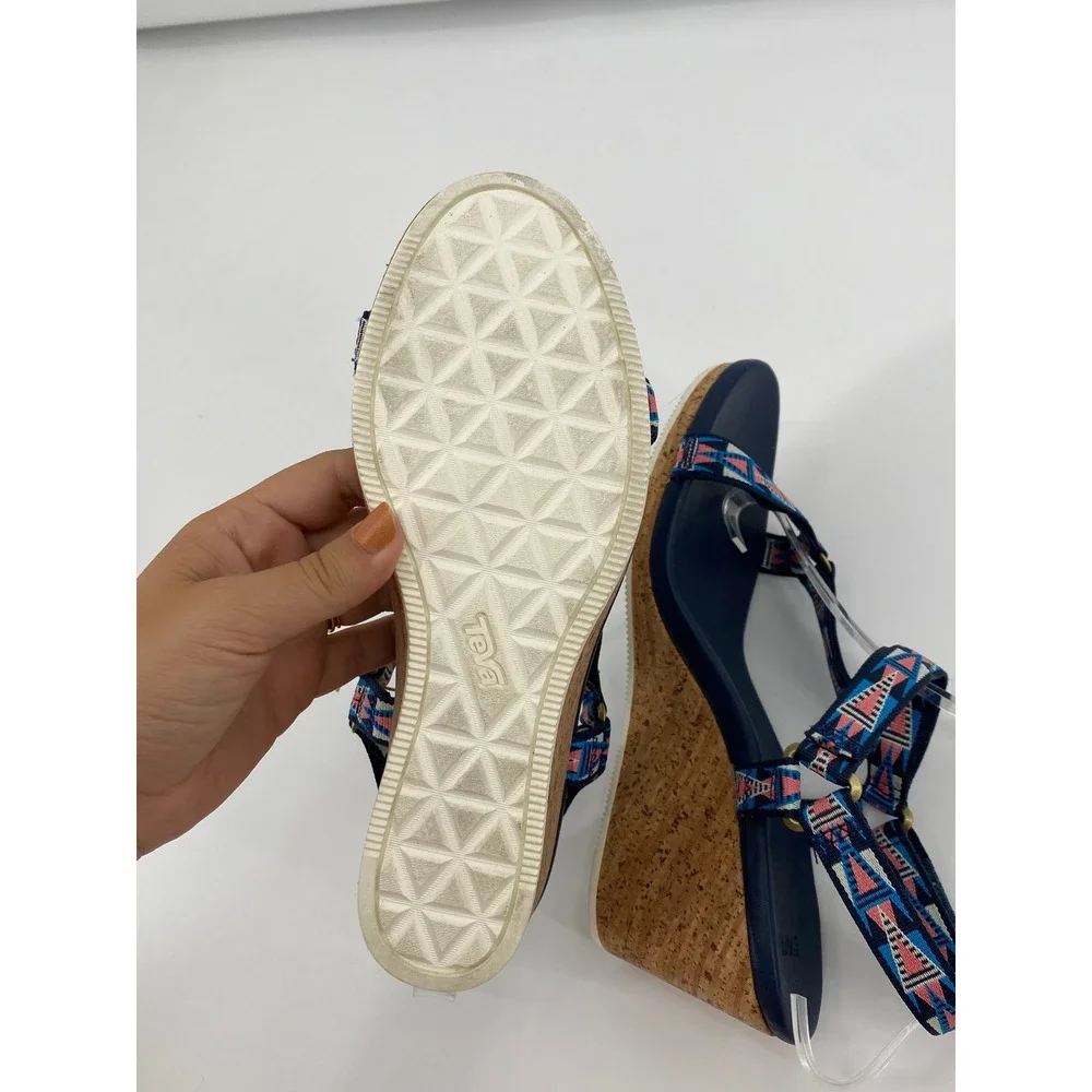 Teva Zirra Cork Wedge Sandals Women 10 Navy Blue Geometric‎ Strappy Boho